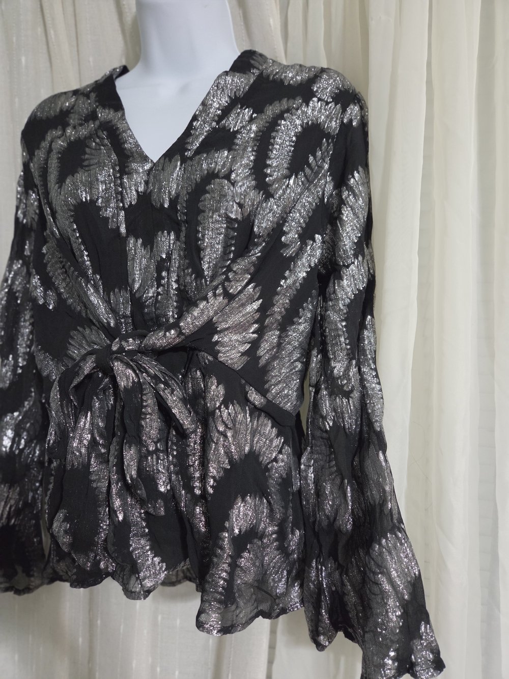 Kaktus Black & Silver Tie-Front Metallic Blouse - Picture 4 of 8